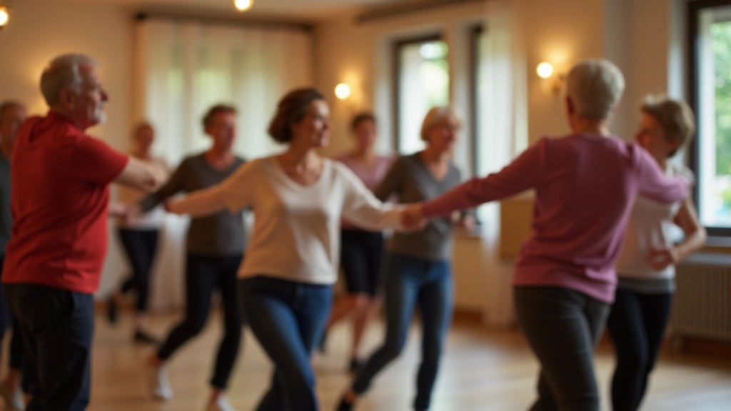 Beginner dance class with diverse seniors of various ages learning basic salsa steps with an instructor in a welcoming studio