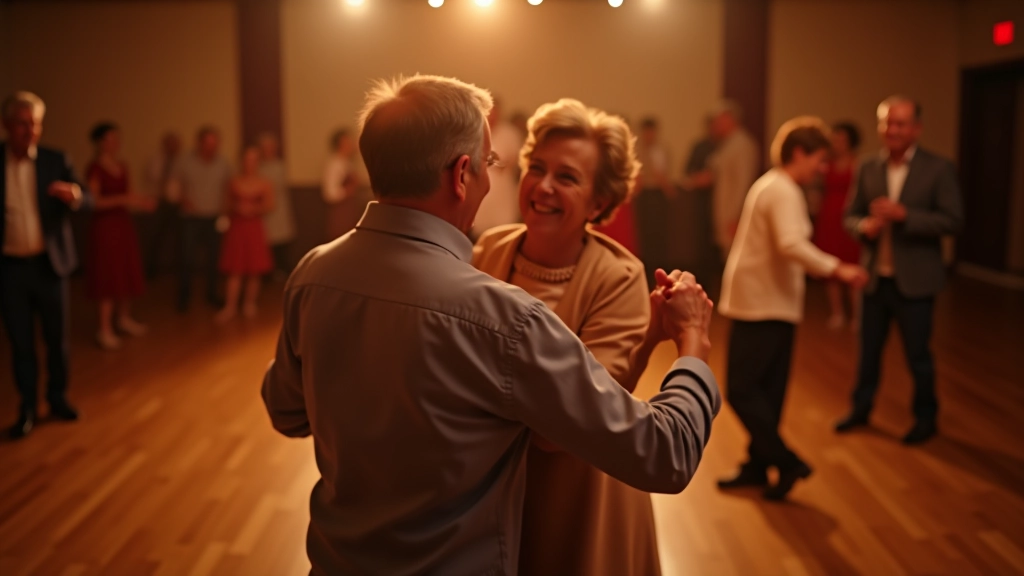 Wide view of a dance floor with multiple couples dancing together, showing the social and communal nature of partner dancing events
