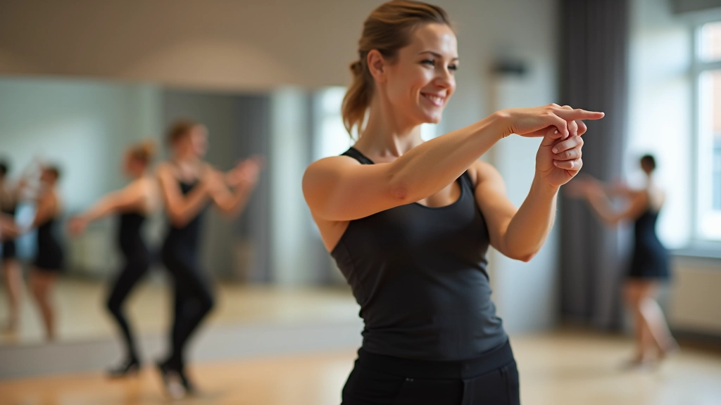 Instructor demonstrating proper posture and arm position for bachata dance technique