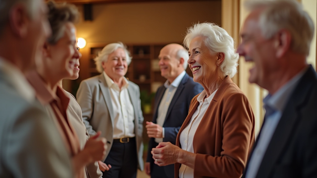 Group of mature adults of different ages smiling and socializing at a dance community gathering