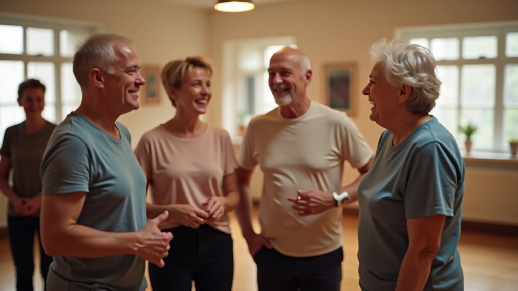 Group of seniors laughing together in a dance studio before a class session begins