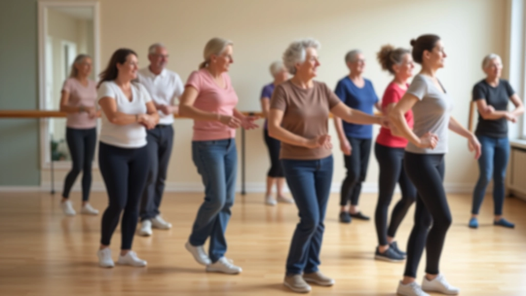 Group of beginners learning basic salsa steps in a community center dance studio