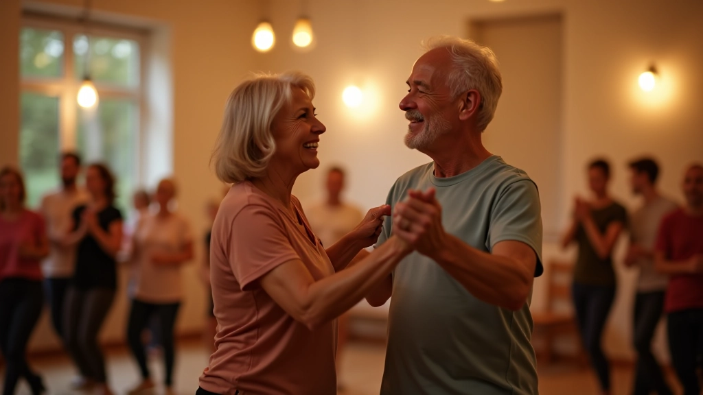 Mature adults dancing together at a community center in Daugavpils during a social event