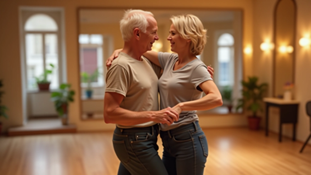 Mature couple dancing together in a bright dance studio with wooden floors and mirrors