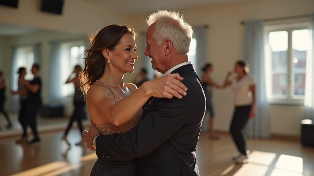Active senior man and woman dancing bachata with confident posture in a modern dance studio