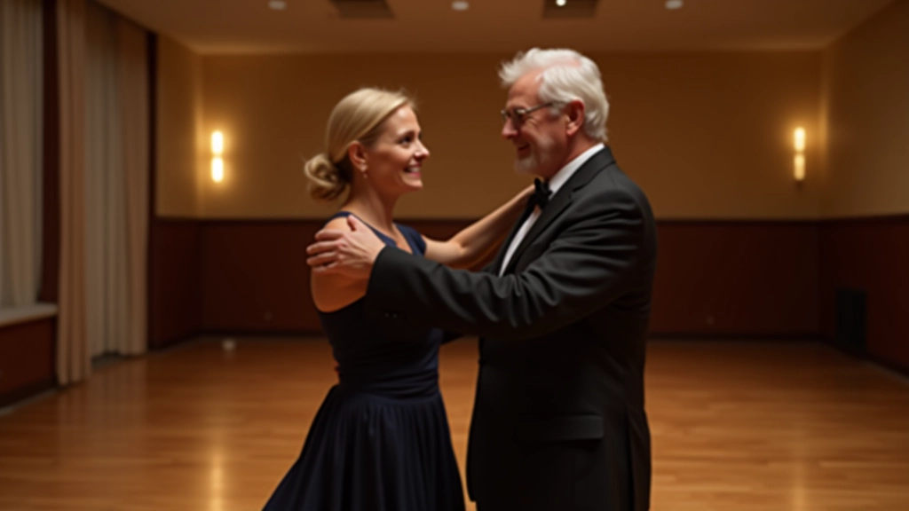 Senior man and woman in bachata closed position, demonstrating proper posture and balance during a gentle turn