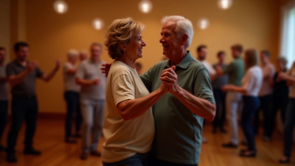 Group of seniors enjoying a partner dance evening at a community center with warm ambient lighting