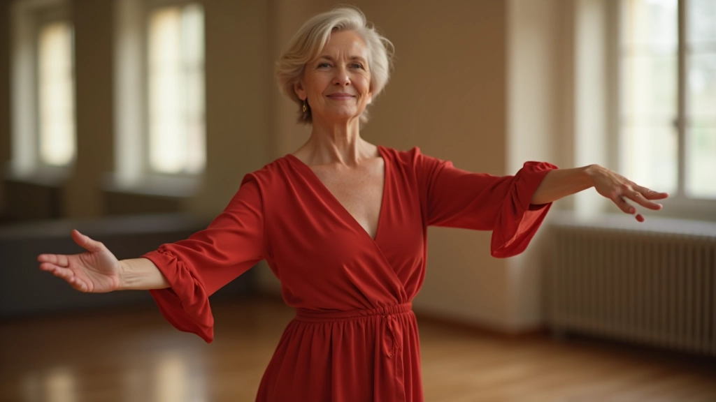 Mature woman performing a controlled salsa turn with extended arm, showcasing posture and flexibility in a bright dance studio
